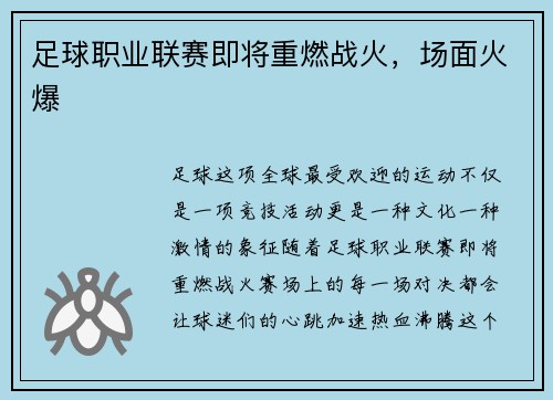 足球职业联赛即将重燃战火，场面火爆