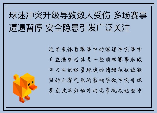 球迷冲突升级导致数人受伤 多场赛事遭遇暂停 安全隐患引发广泛关注
