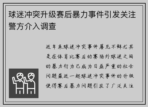 球迷冲突升级赛后暴力事件引发关注警方介入调查