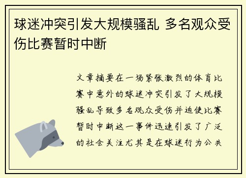 球迷冲突引发大规模骚乱 多名观众受伤比赛暂时中断