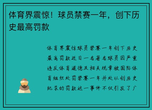 体育界震惊！球员禁赛一年，创下历史最高罚款